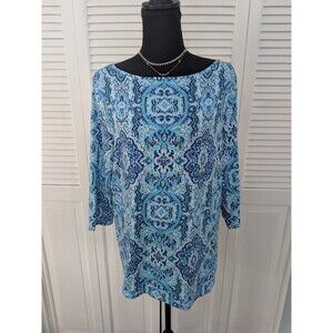 Talbots Top Women 1X Blue Medallion Boat Neck Stretch Shirt Casual Coastal Chic